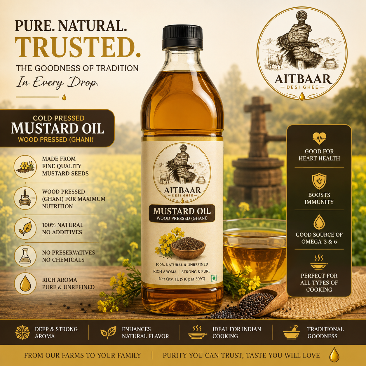 Wood Pressed Mustard Oil (Ghani) – Cold Pressed & Unrefined